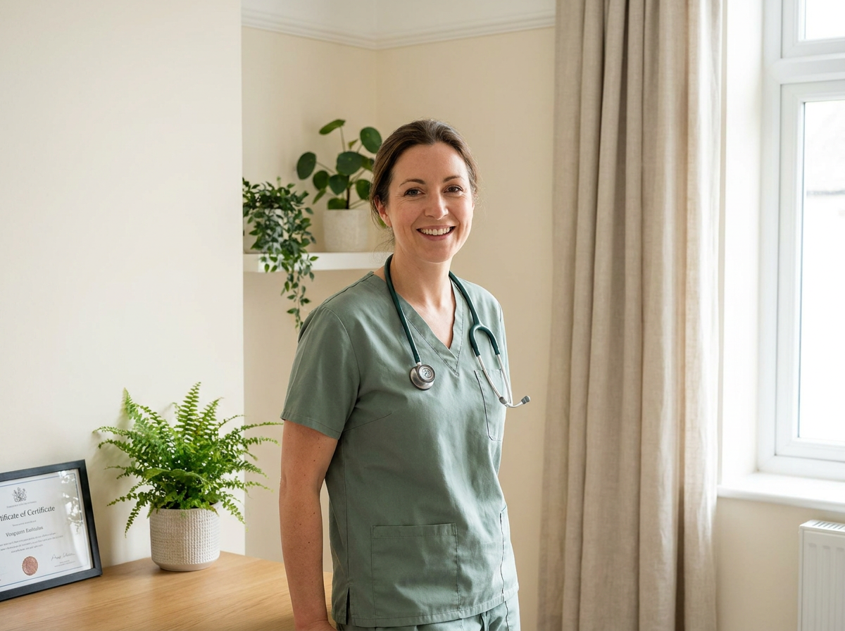 A friendly UK doctor in a modern GP office