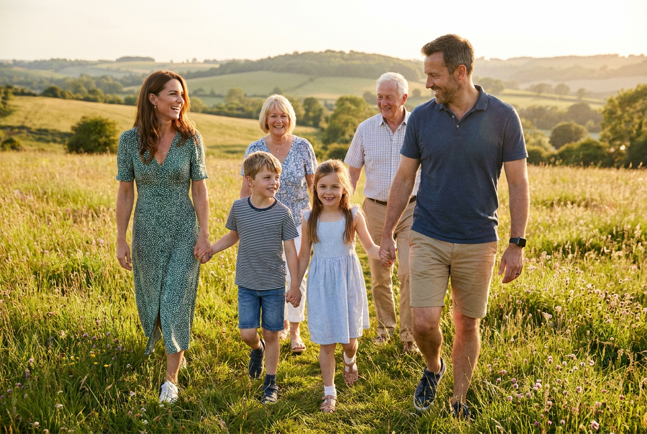 A British family walking through a sunny English countryside meadow